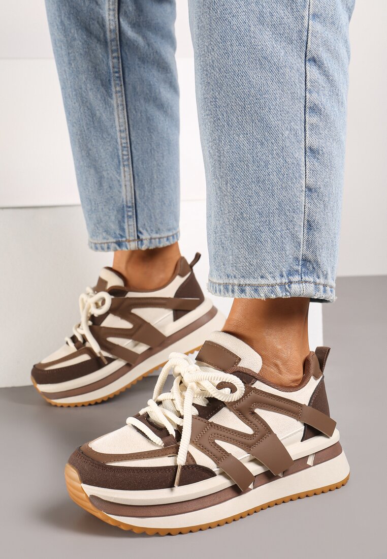 Brązowo-Beżowe Sznurowane Sneakersy na Grubej Podeszwie z Paskami Innaretis