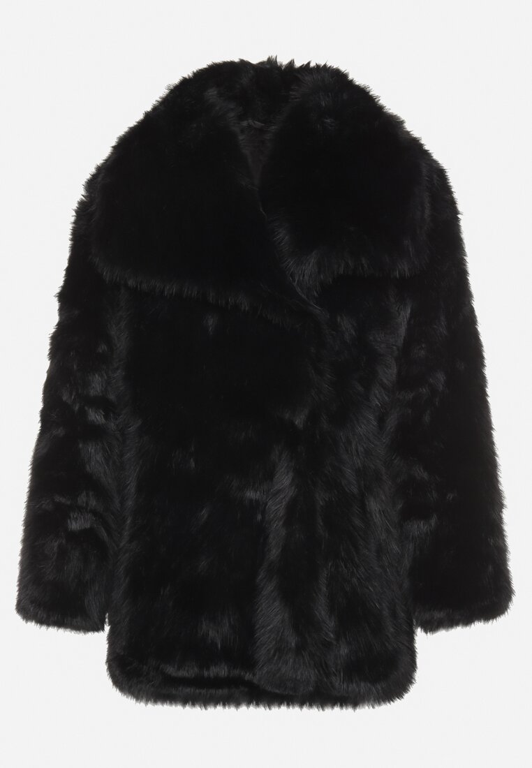 Czarna Futrzana Kurtka z Szerokim Kołnierzem i Kieszeniami Atintana