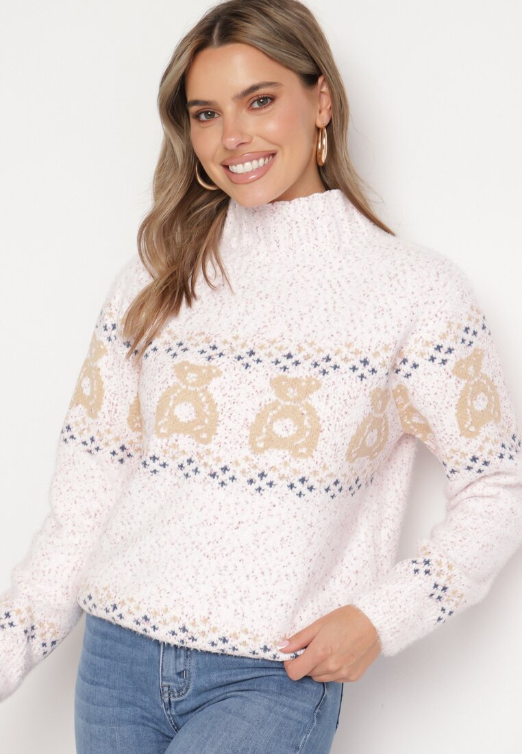 Jasnoróżowy Sweter z Wełną w Misiowy Wzór ze Ściągaczami Dorizelle