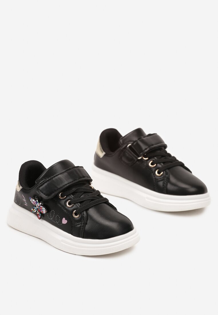 Czarne Sznurowane Buty Sportowe Sneakersy na Rzep Ozdobione Cyrkoniami Patilena