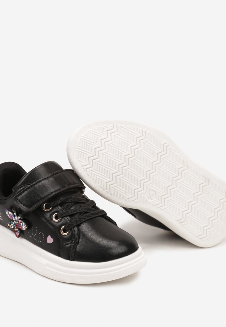 Czarne Sznurowane Buty Sportowe Sneakersy na Rzep Ozdobione Cyrkoniami Patilena