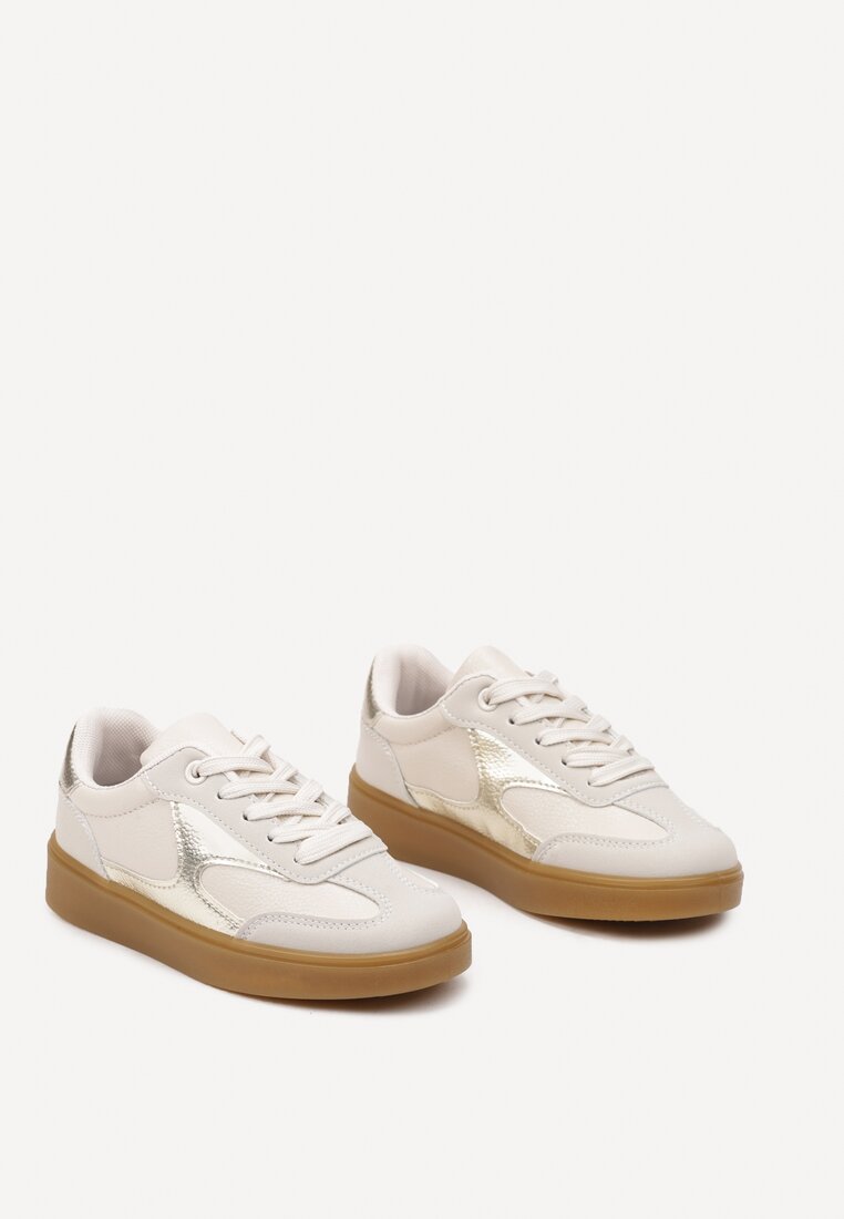 Beżowe Sznurowane Buty Sportowe Sneakersy z Metaliczną Wstawką Dinizia