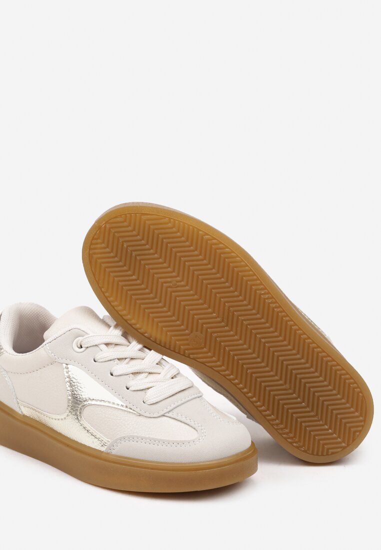 Beżowe Sznurowane Buty Sportowe Sneakersy z Metaliczną Wstawką Dinizia