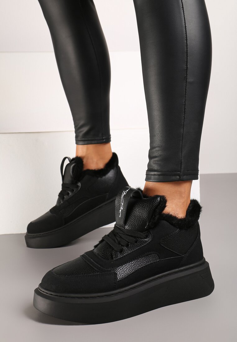 Czarne Botki na Grubej Podeszwie w Stylu Sneakersów ze Sznurowaniem i Futerkiem Narilae