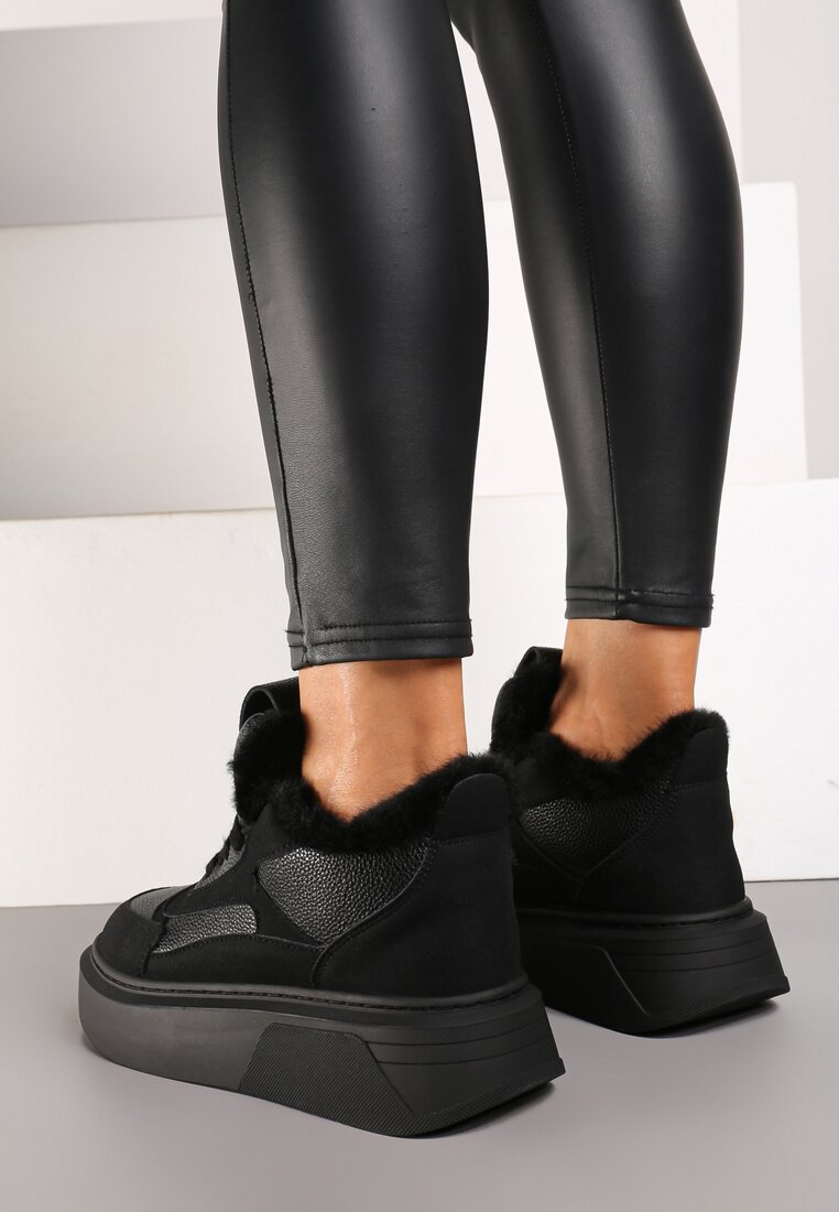 Czarne Botki na Grubej Podeszwie w Stylu Sneakersów ze Sznurowaniem i Futerkiem Narilae