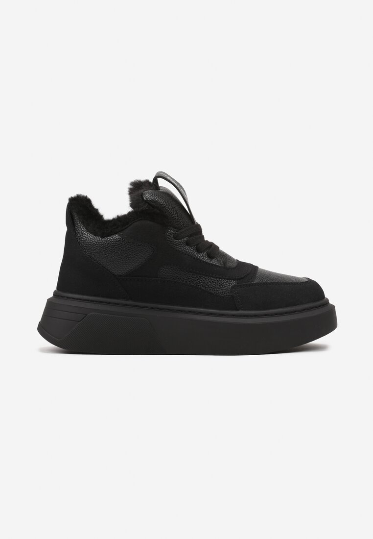 Czarne Botki na Grubej Podeszwie w Stylu Sneakersów ze Sznurowaniem i Futerkiem Narilae