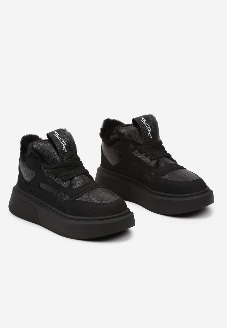 Czarne Botki na Grubej Podeszwie w Stylu Sneakersów ze Sznurowaniem i Futerkiem Narilae