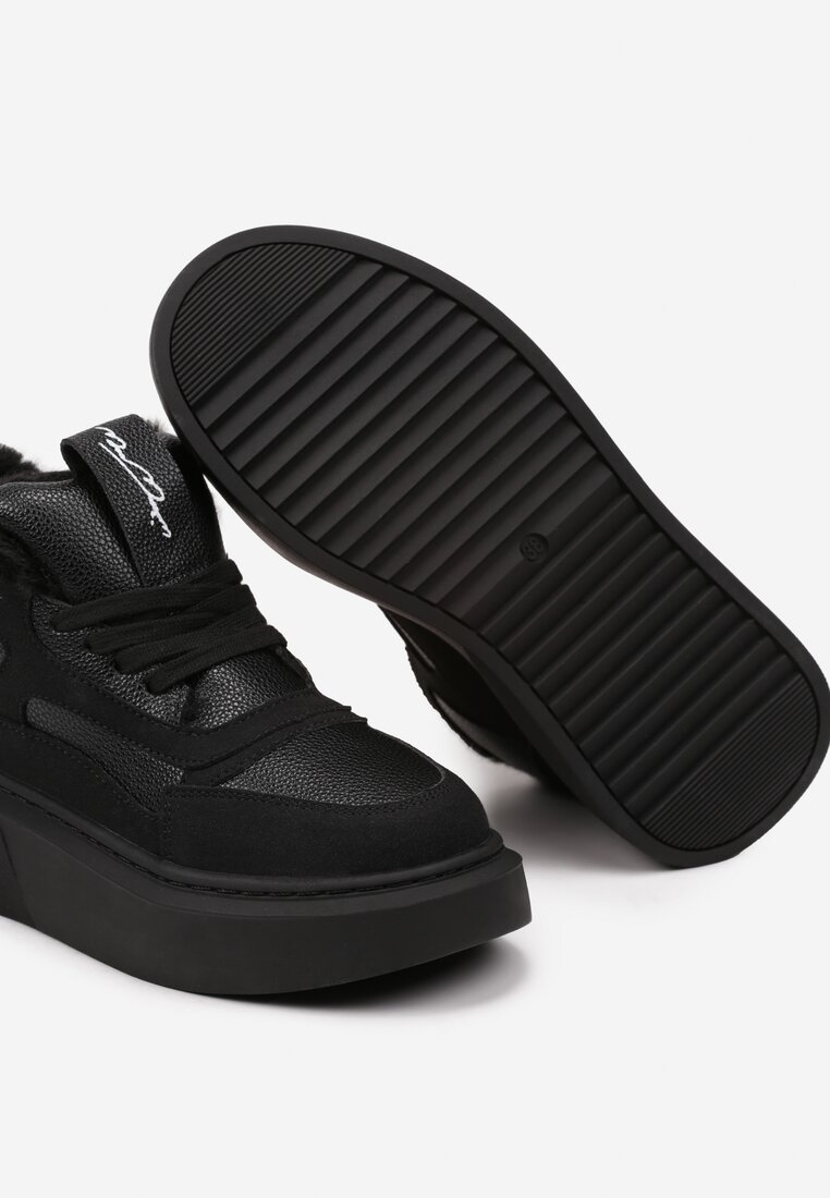 Czarne Botki na Grubej Podeszwie w Stylu Sneakersów ze Sznurowaniem i Futerkiem Narilae
