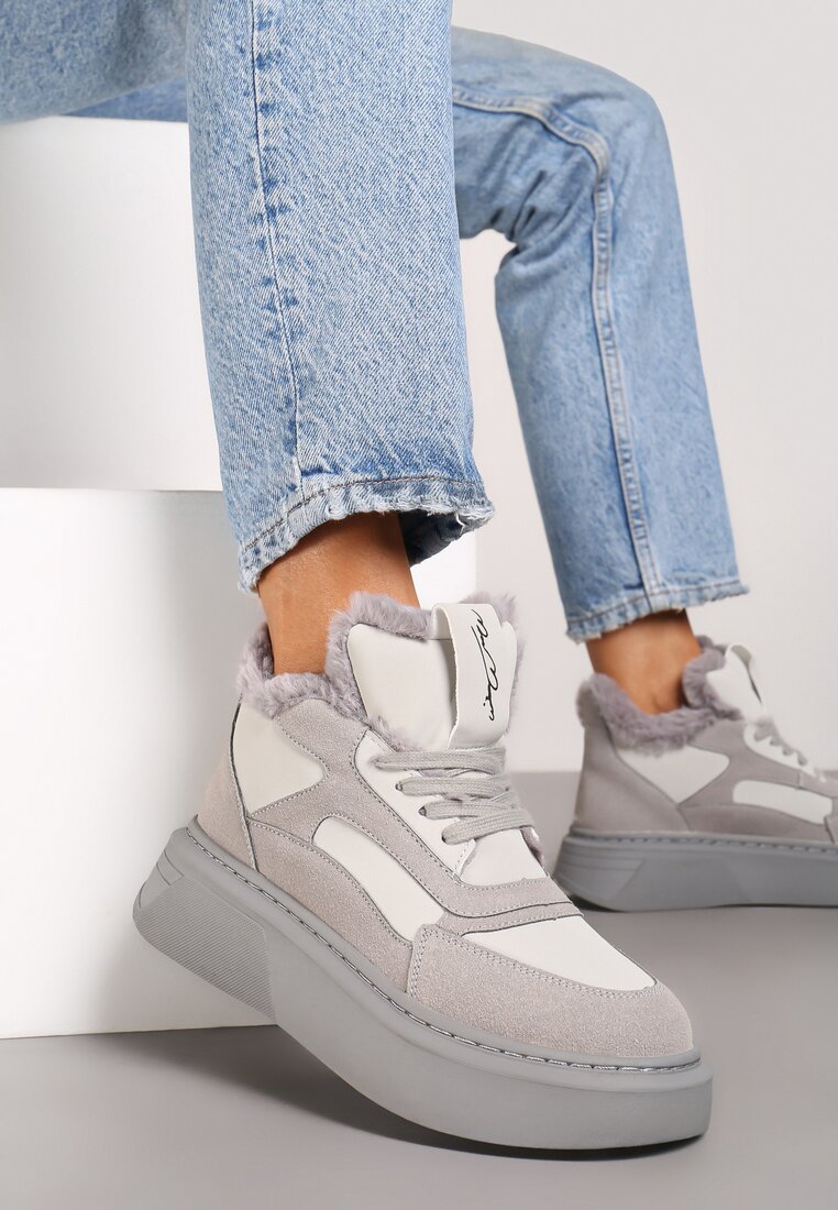 Szare Botki na Grubej Podeszwie w Stylu Sneakersów ze Sznurowaniem i Futerkiem Narilae