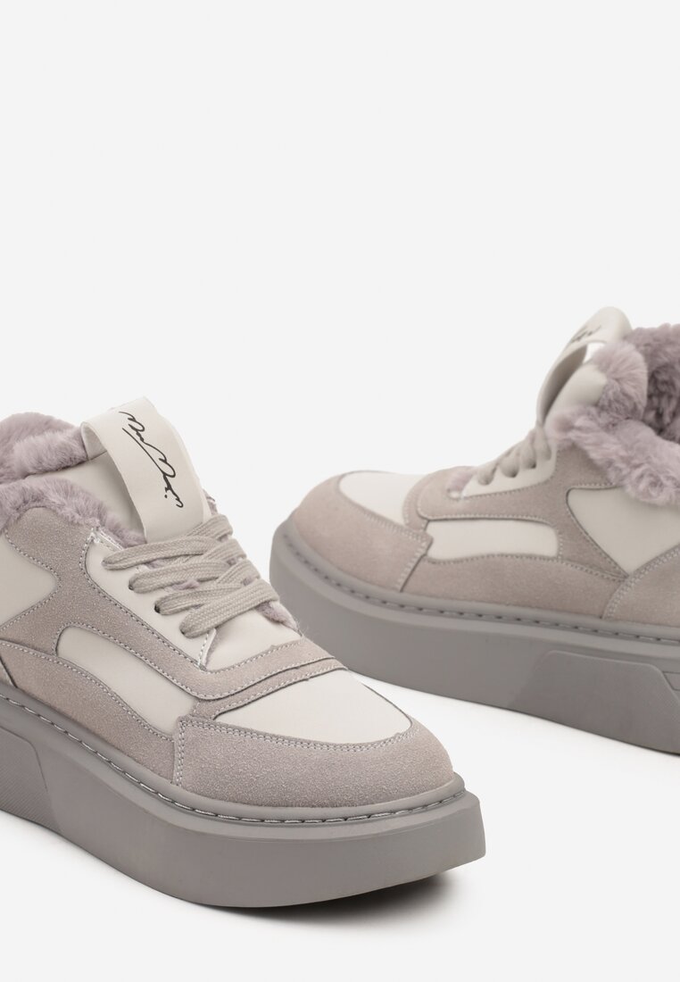 Szare Botki na Grubej Podeszwie w Stylu Sneakersów ze Sznurowaniem i Futerkiem Narilae
