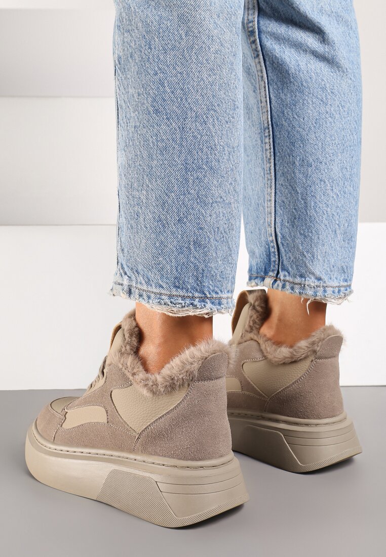 Ciemnobeżowe Botki na Grubej Podeszwie w Stylu Sneakersów ze Sznurowaniem i Futerkiem Narilae