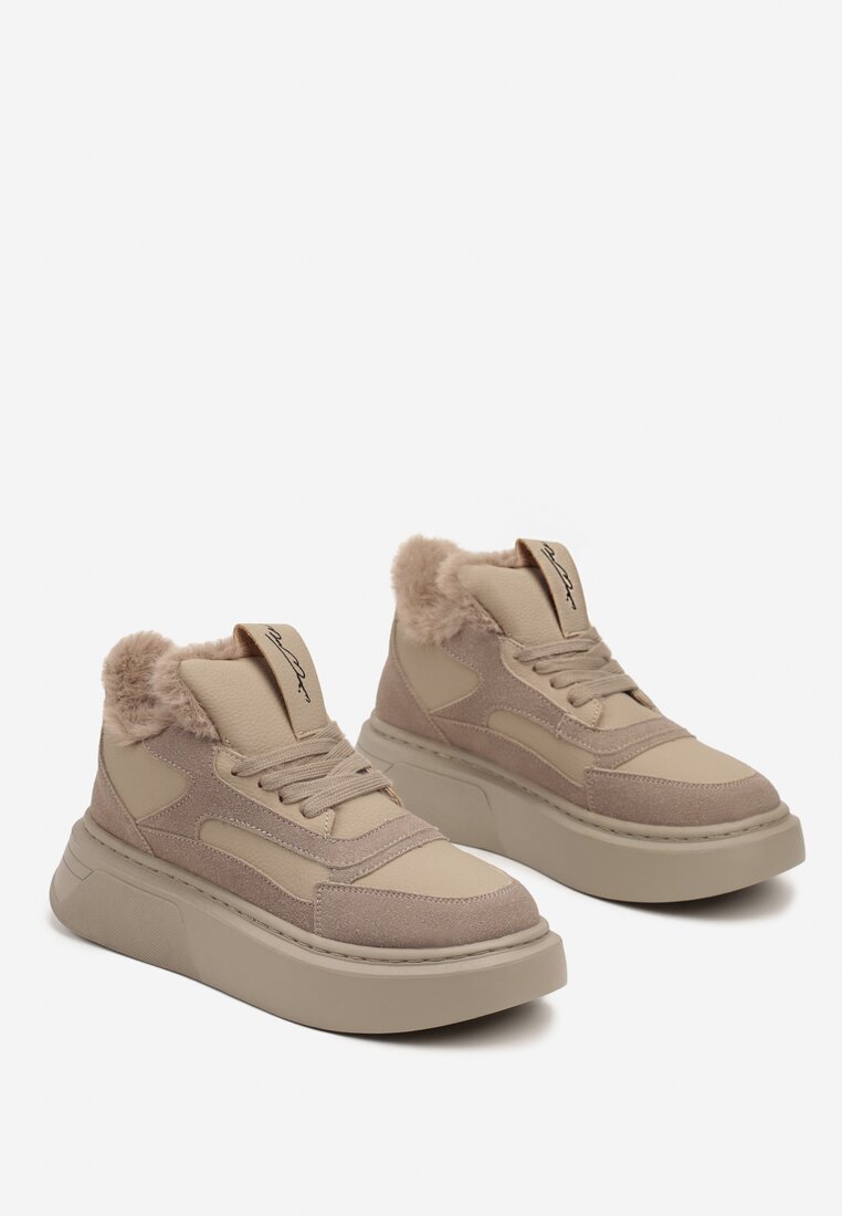 Ciemnobeżowe Botki na Grubej Podeszwie w Stylu Sneakersów ze Sznurowaniem i Futerkiem Narilae