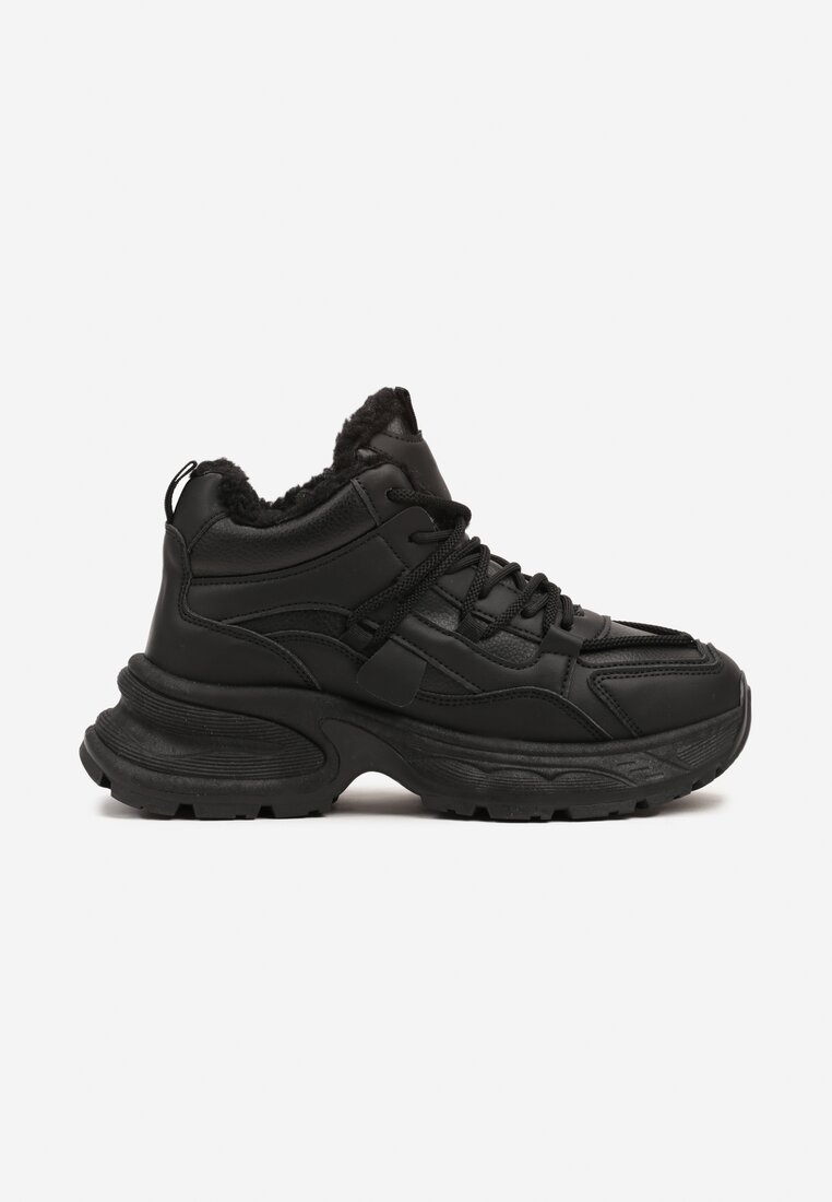 Czarne Sneakersy na Grubej Podeszwie z Futrzaną Wyściółką Miada