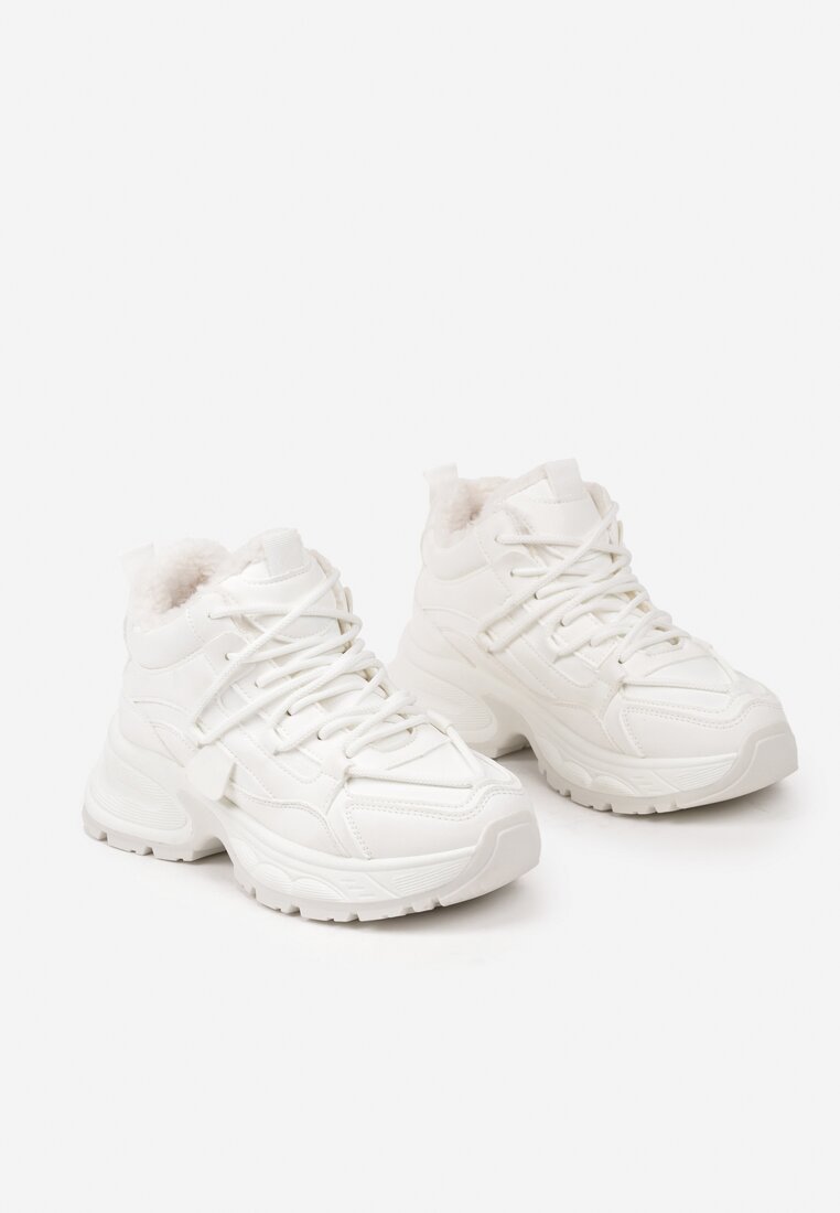 Białe Sneakersy na Grubej Podeszwie z Futrzaną Wyściółką Miada