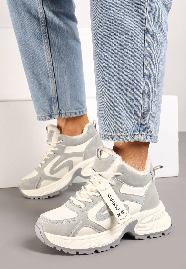 Beżowo-Szare Sneakersy na Grubej Podeszwie z Futerkiem i Napisem Siolena