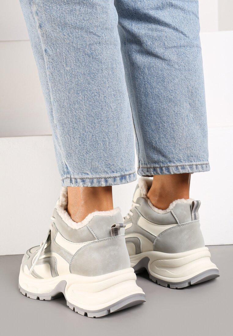 Beżowo-Szare Sneakersy na Grubej Podeszwie z Futerkiem i Napisem Siolena