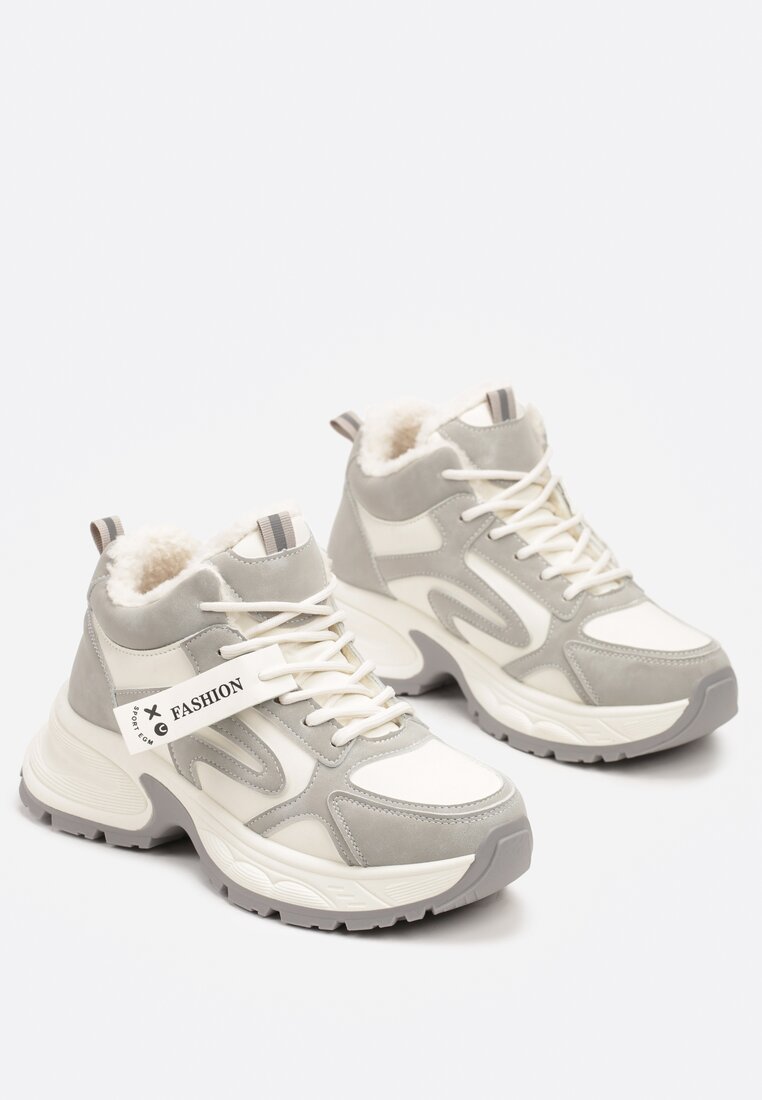 Beżowo-Szare Sneakersy na Grubej Podeszwie z Futerkiem i Napisem Siolena
