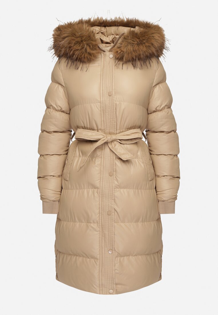 Beżowa Długa Pikowana Kurtka z Kapturem Odpinanym Futerkiem i Paskiem w Talii Serenira
