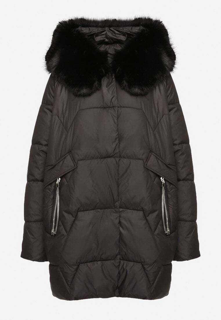 Czarna Pikowana Kurtka o Pudełkowym Kroju z Odpinanym Futerkiem i Ozdobnym Suwakiem Hedilina