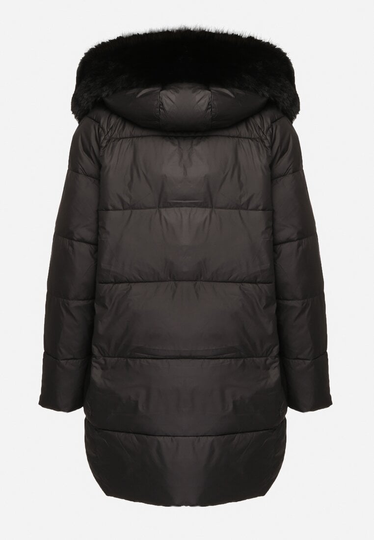 Czarna Pikowana Kurtka o Pudełkowym Kroju z Odpinanym Futerkiem i Ozdobnym Suwakiem Hedilina