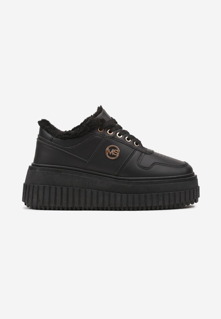 Czarne Sneakersy na Tłoczonej Platformie Zdobione Elegancką Metalową Aplikacją Werissa