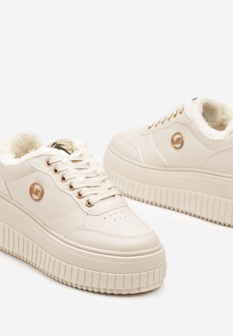 Beżowe Sznurowane Sneakersy na Grubej Tłoczonej Podeszwie z Aplikacją Tilinae