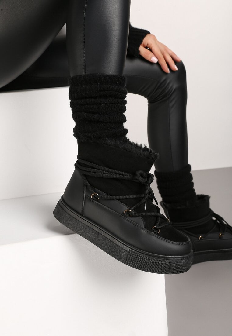 Czarne Śniegowce na Grubej Podeszwie ze Sznurowaniem  Izandra