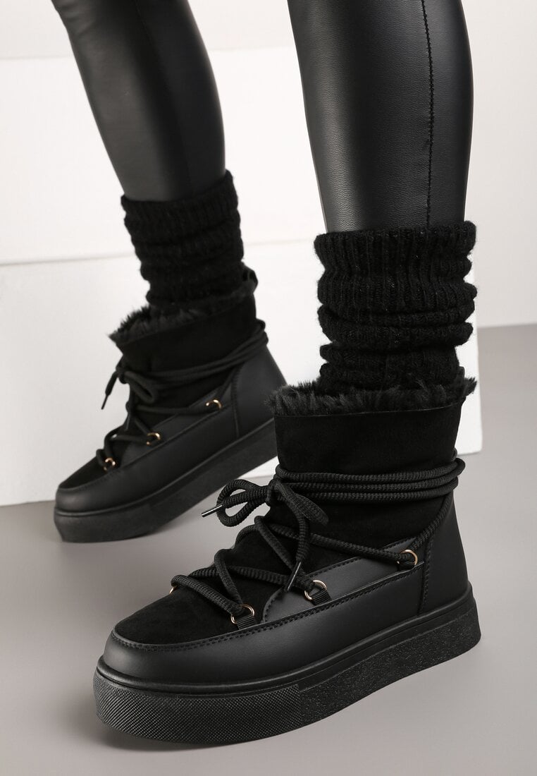 Czarne Śniegowce na Grubej Podeszwie ze Sznurowaniem  Izandra