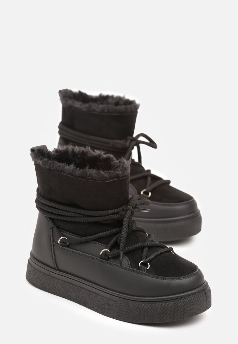 Czarne Śniegowce na Grubej Podeszwie ze Sznurowaniem  Izandra