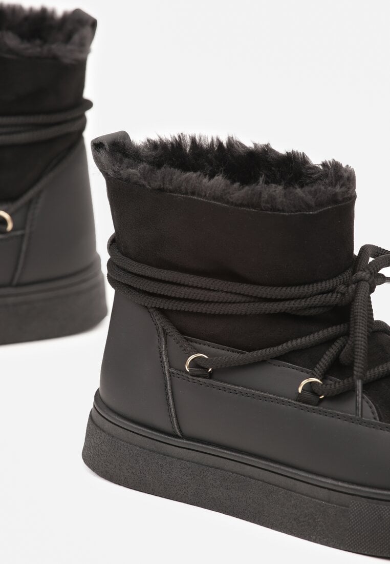 Czarne Śniegowce na Grubej Podeszwie ze Sznurowaniem  Izandra