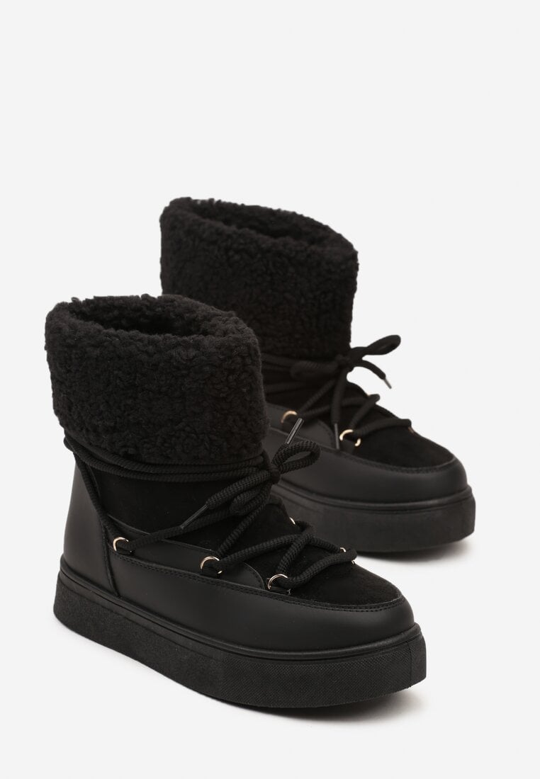 Czarne Śniegowce na Grubej Podeszwie ze Sznurowaniem i Futerkiem Izantea