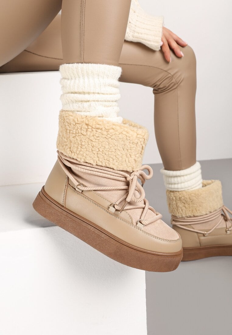 Ciemnobeżowe Śniegowce na Grubej Podeszwie ze Sznurowaniem i Futerkiem Izantea