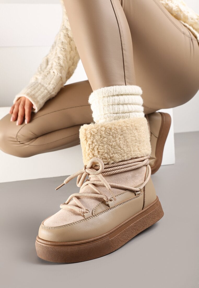 Ciemnobeżowe Śniegowce na Grubej Podeszwie ze Sznurowaniem i Futerkiem Izantea