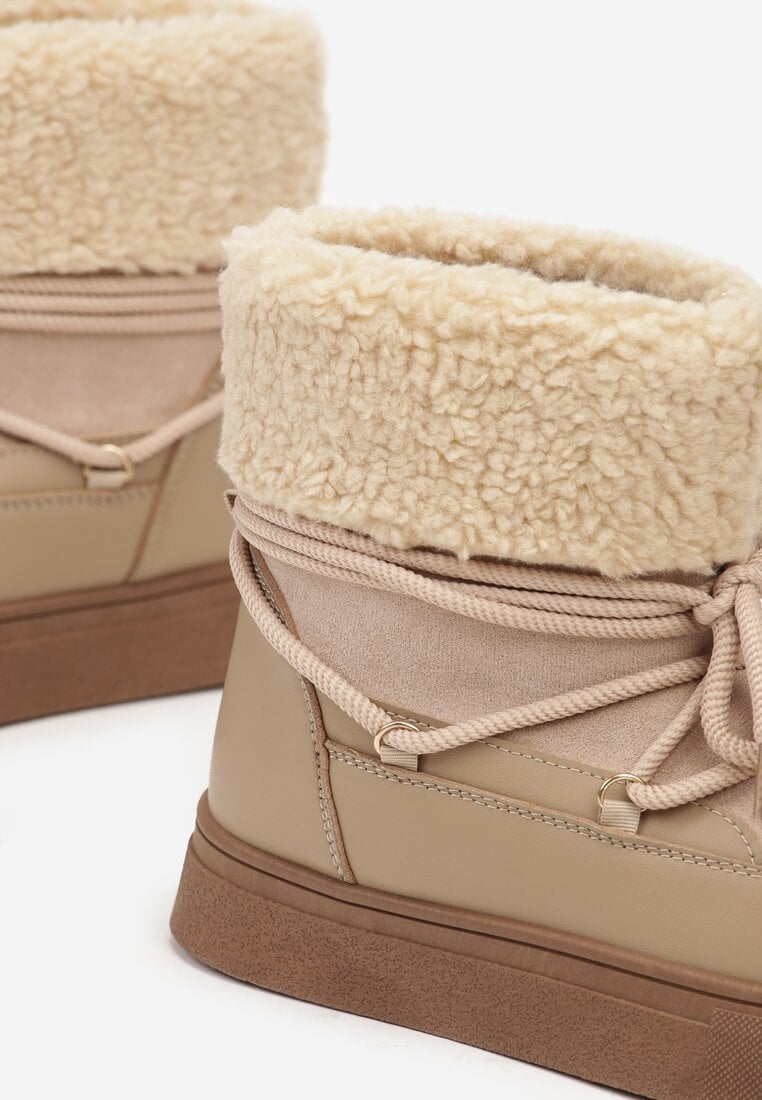 Ciemnobeżowe Śniegowce na Grubej Podeszwie ze Sznurowaniem i Futerkiem Izantea