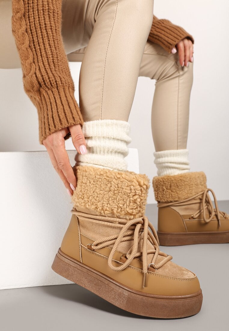Brązowe Śniegowce na Grubej Podeszwie ze Sznurowaniem i Futerkiem Izantea