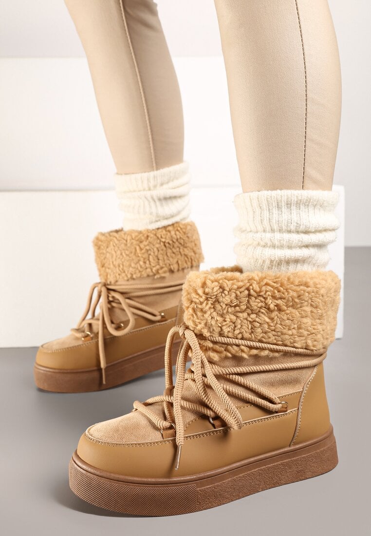 Brązowe Śniegowce na Grubej Podeszwie ze Sznurowaniem i Futerkiem Izantea