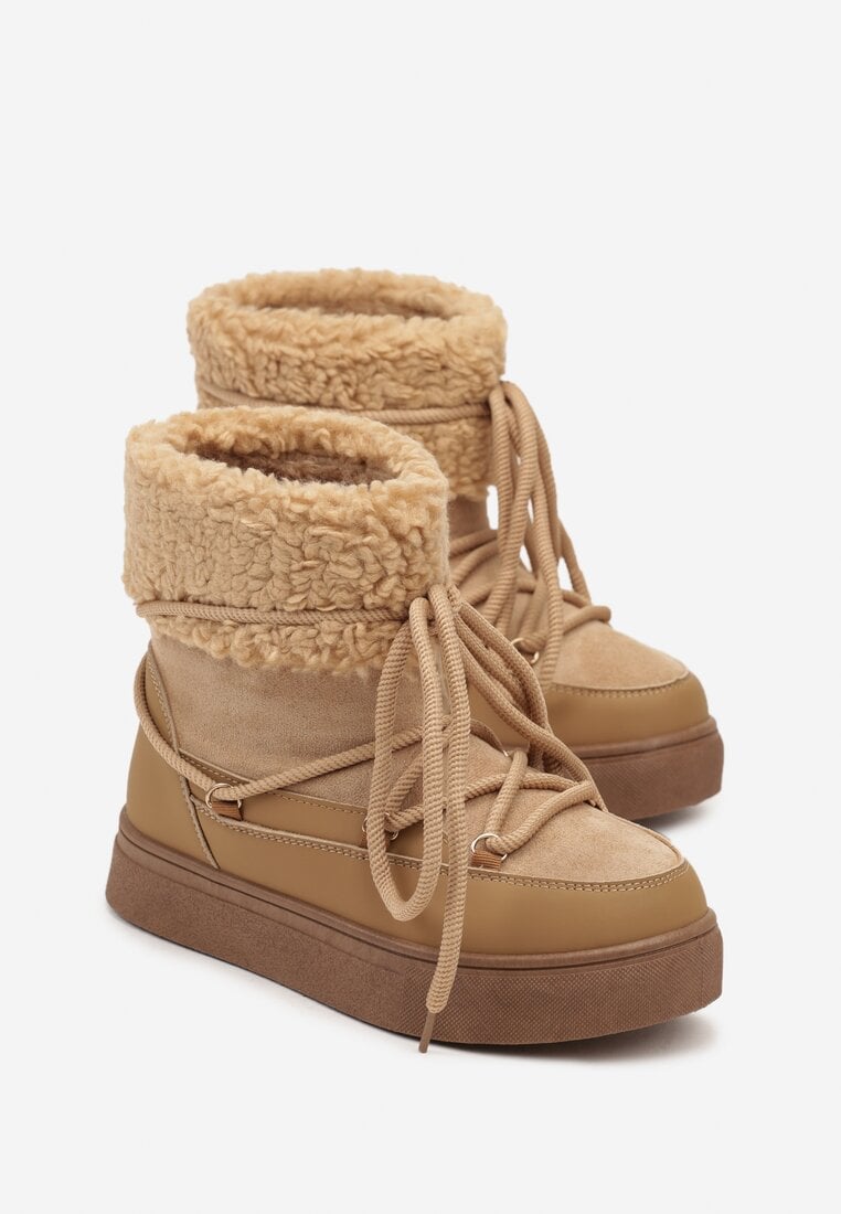 Brązowe Śniegowce na Grubej Podeszwie ze Sznurowaniem i Futerkiem Izantea