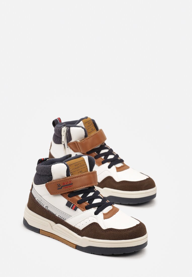 Biało-Brązowe Płaskie Botki Sneakersy ze Sznurowaniem i Napisami Izalia