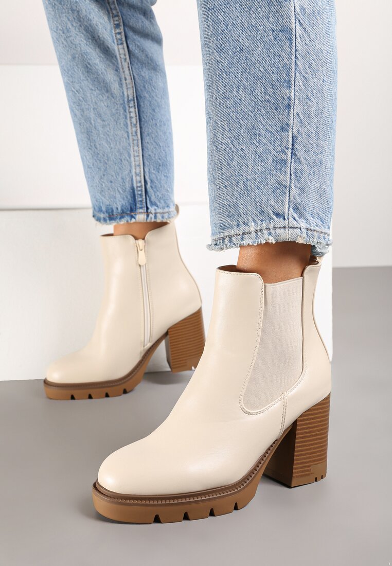 Beżowe Botki na Obcasie w Stylu Sztybletów z Gumką Realine