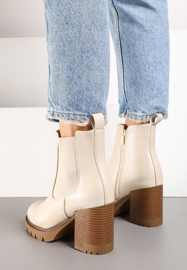 Beżowe Botki na Obcasie w Stylu Sztybletów z Gumką Realine