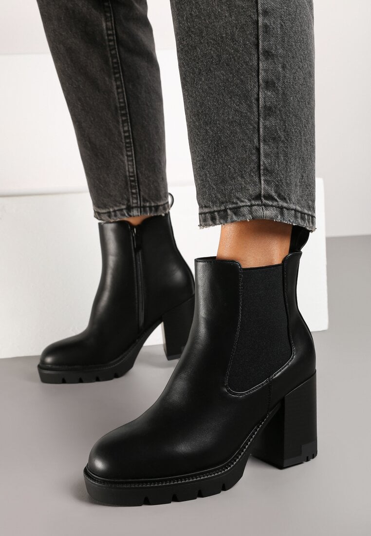 Czarne Botki na Obcasie w Stylu Sztybletów z Gumką Realine