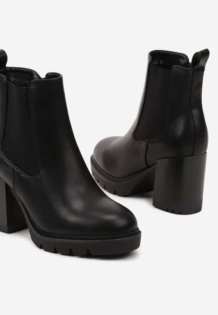 Czarne Botki na Obcasie w Stylu Sztybletów z Gumką Realine