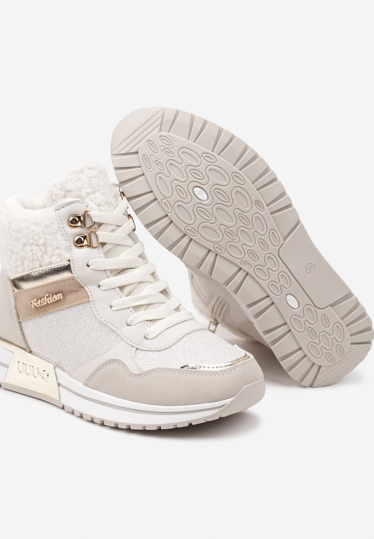 Beżowe Sneakersy z Futrem Metaliczną Wstawką i Brokatowym Połyskiem Saliwenna