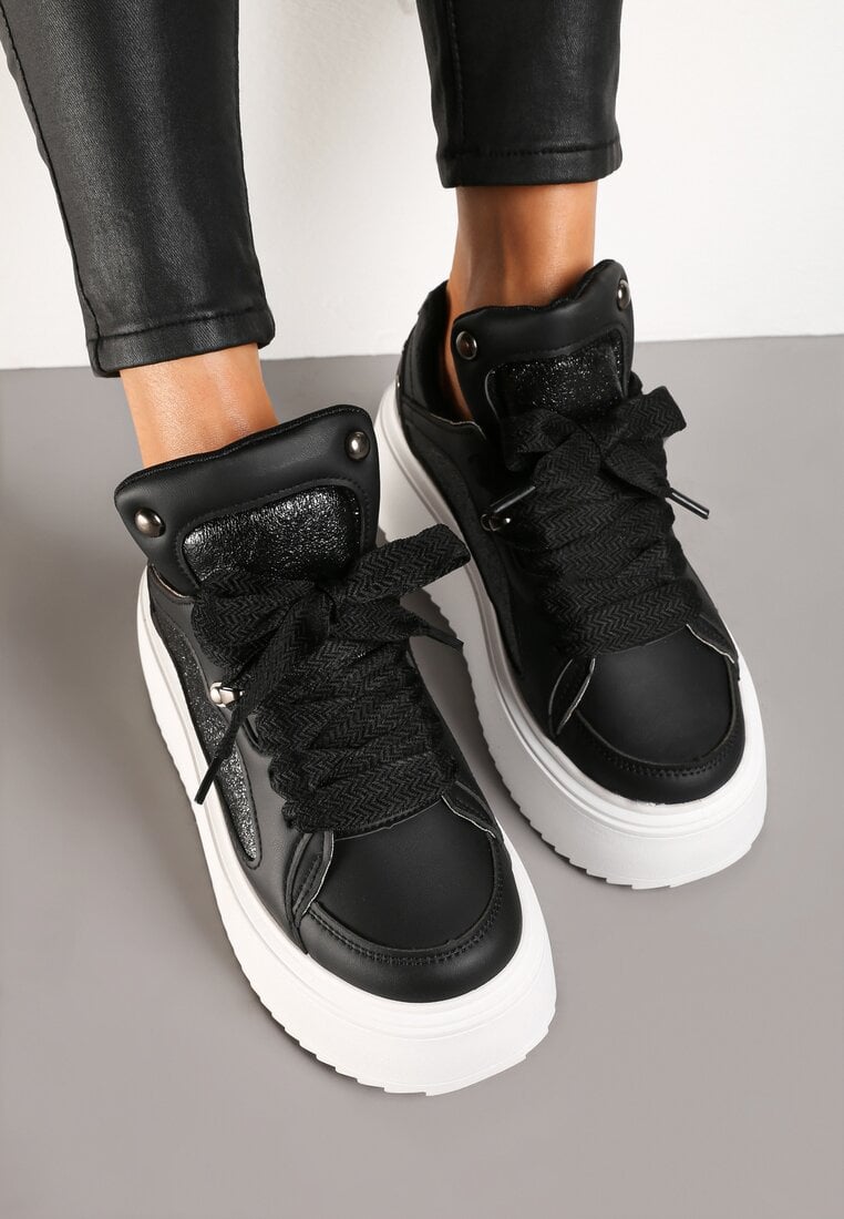 Czarne Sneakersy na Grubej Podeszwie z Podwójnym Sznurowaniem Weriella