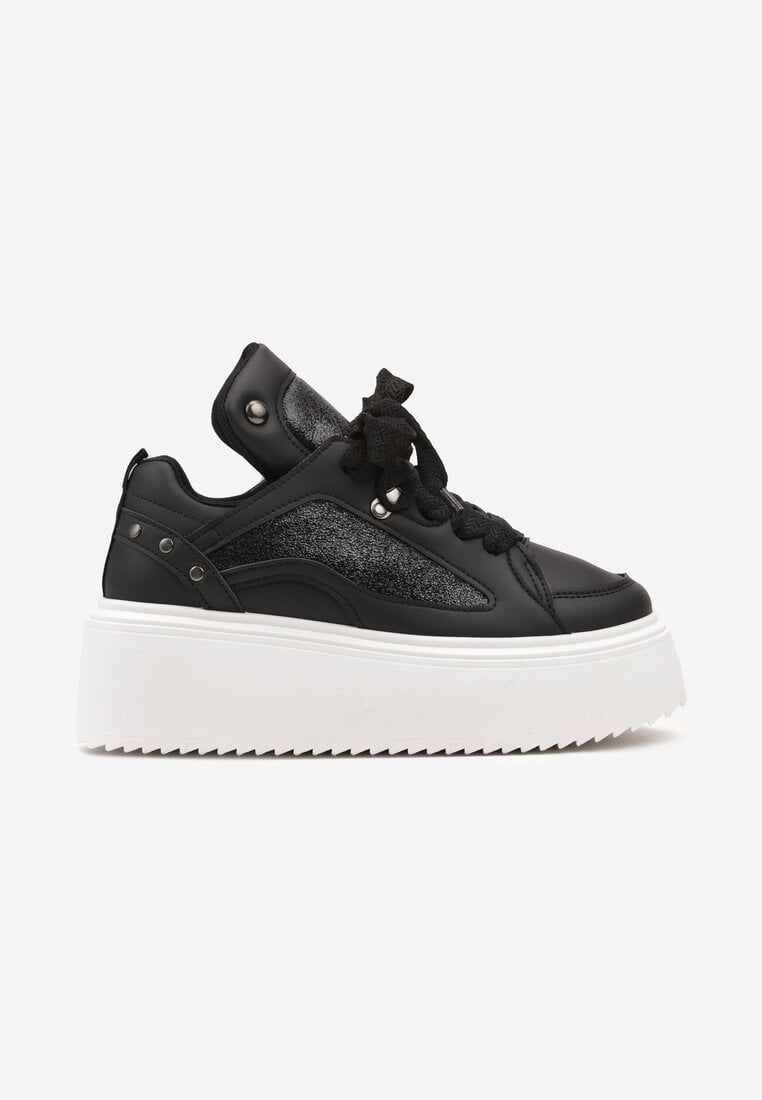 Czarne Sneakersy na Grubej Podeszwie z Podwójnym Sznurowaniem Weriella