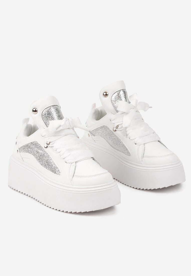 Białe Sneakersy na Grubej Podeszwie z Podwójnym Sznurowaniem Weriella