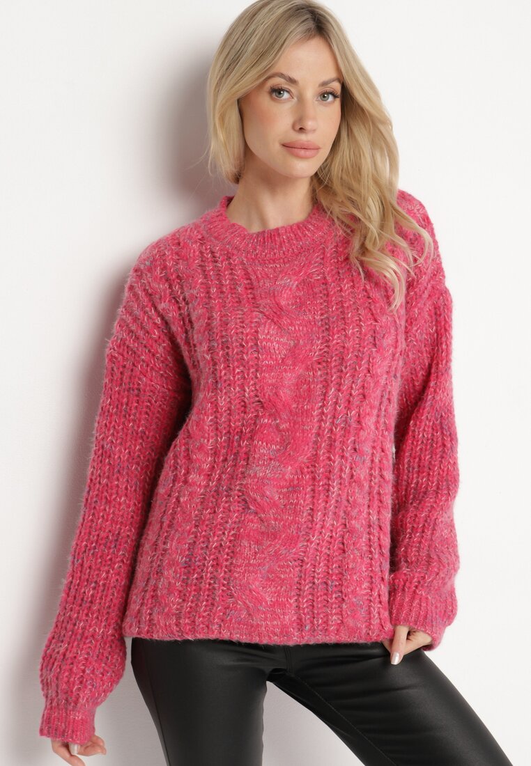 Różowy Sweter z Wełną z Ozdobnym Splotem Abrenevia