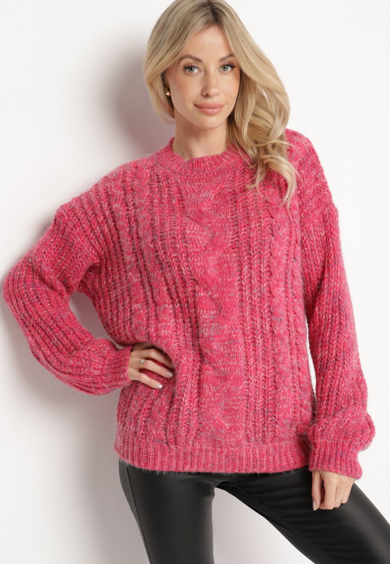 Różowy Sweter z Wełną z Ozdobnym Splotem Abrenevia