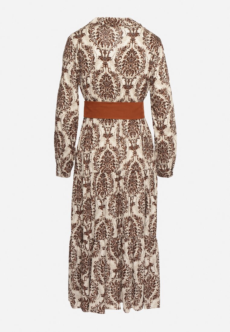 Brązowa Wiskozowa Kopertowa Sukienka w Stylu Boho z Materiałowym Paskiem z Klamrą Rinovia