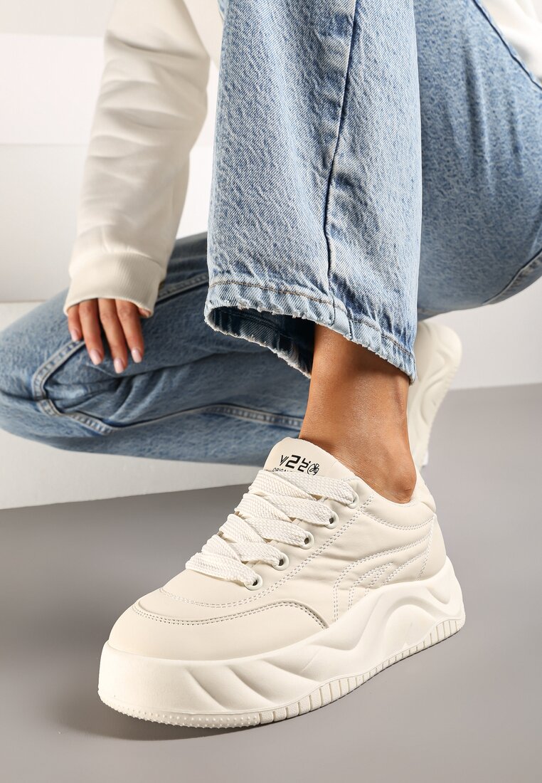 Beżowe Sznurowane Sneakersy na Grubej Podeszwie z Tłoczeniem Valtirra